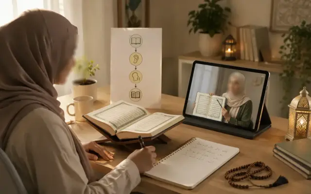 Adult learner studying the Quran with an open Mushaf and handwritten notes, illustrating step-by-step Quranic recitation learning for non-Arabic speakers