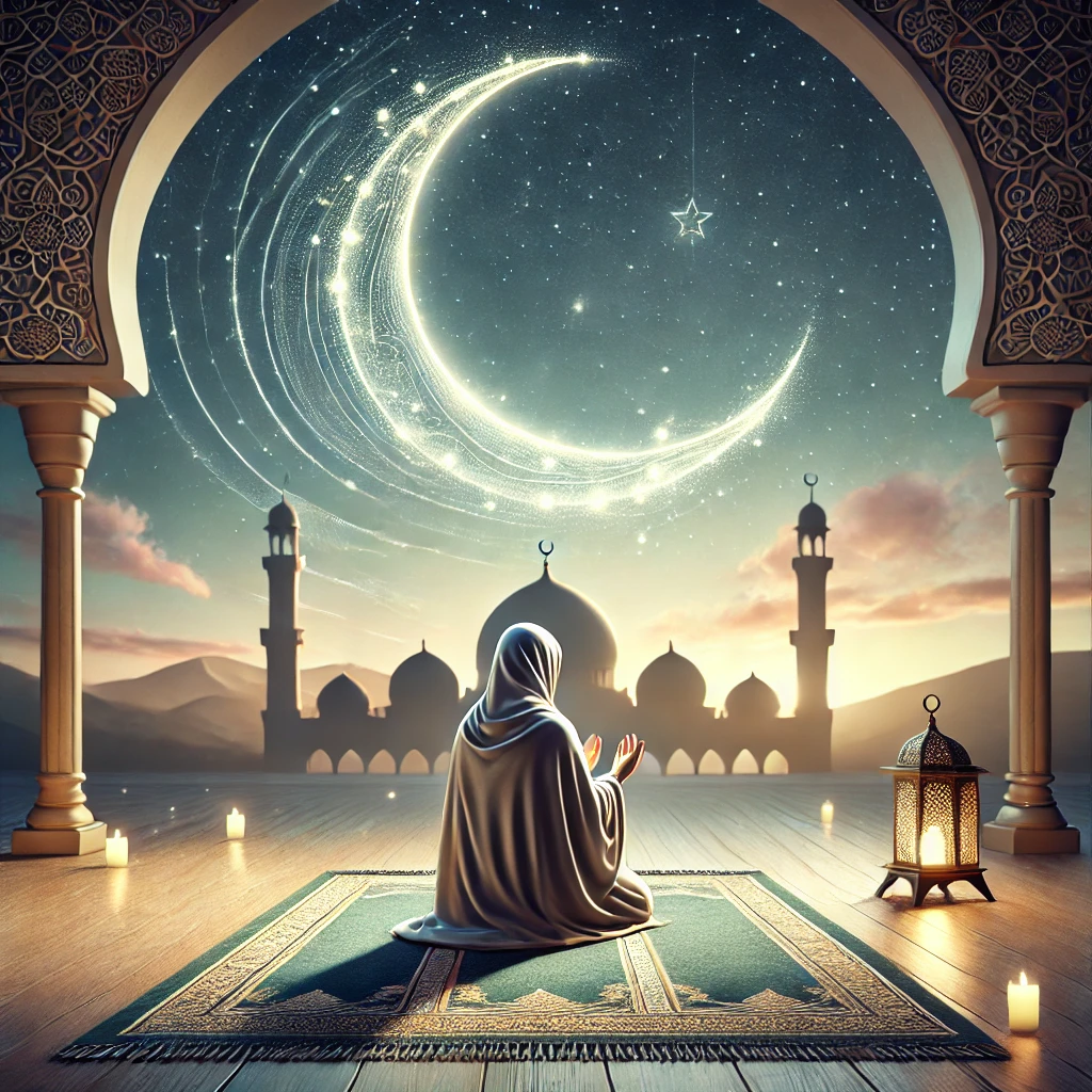 Person praying under a crescent moon
