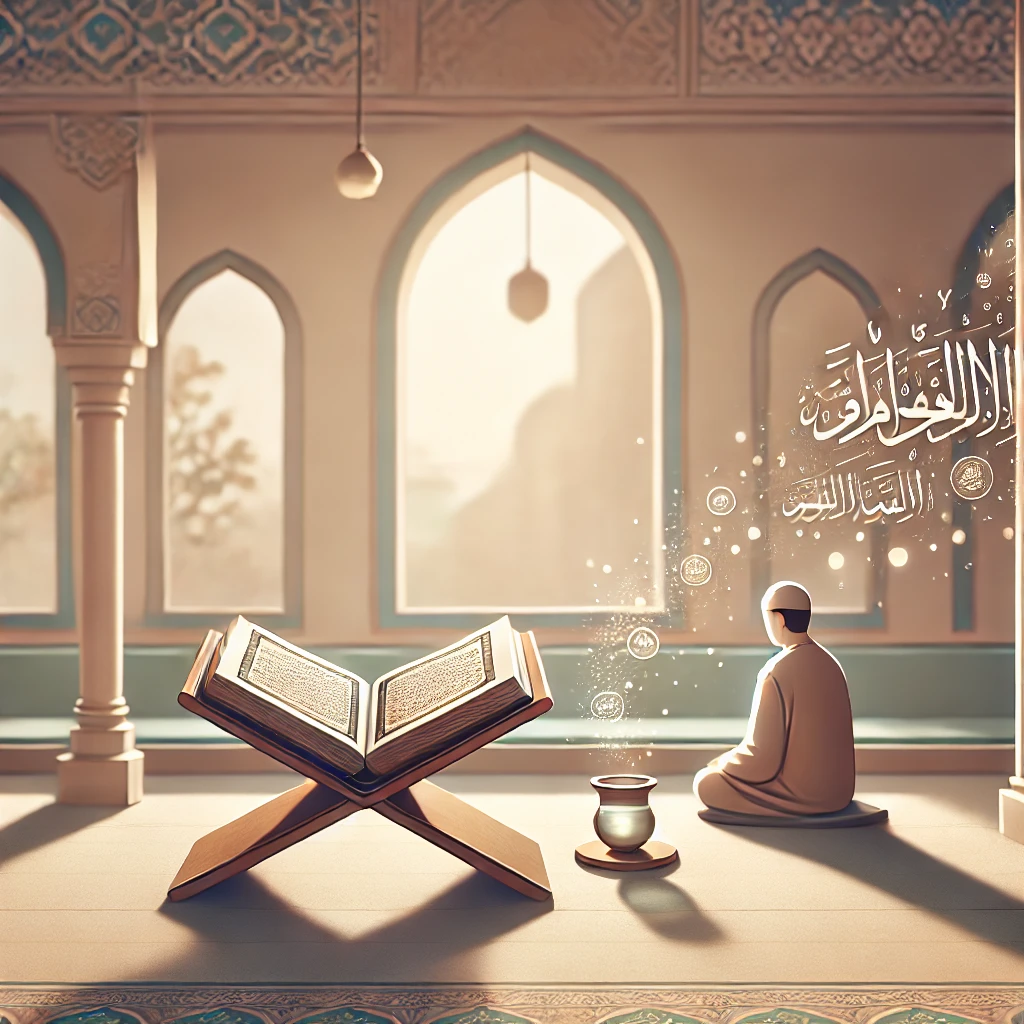 Child sitting near the Quran inside a mosque