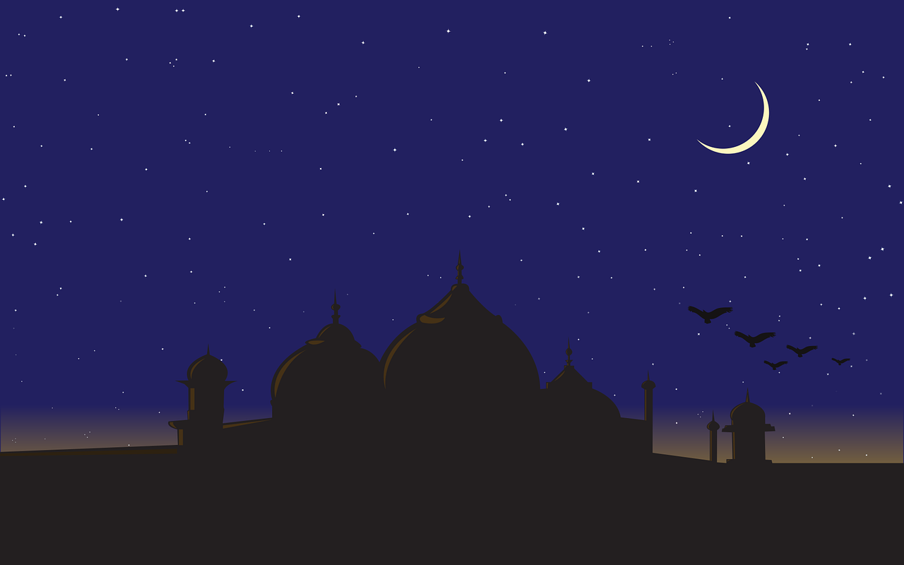 Mosque under Ramadan crescent moon