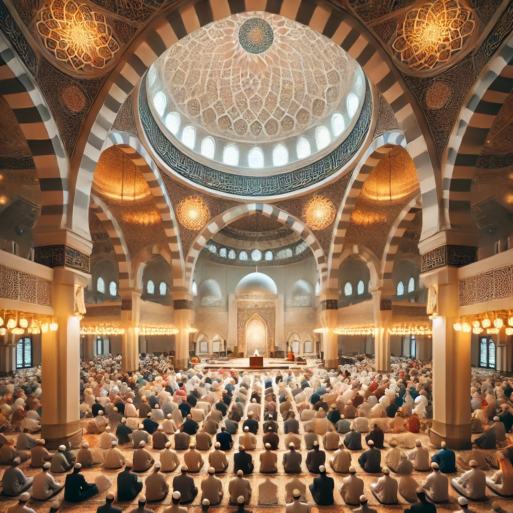 Worshippers gathered in a mosque for Friday prayer