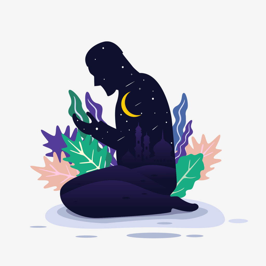 Illustration of a person praying and asking Allah for forgiveness