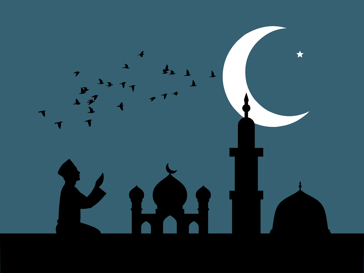 Homme priant près d’une mosquée sous la lune