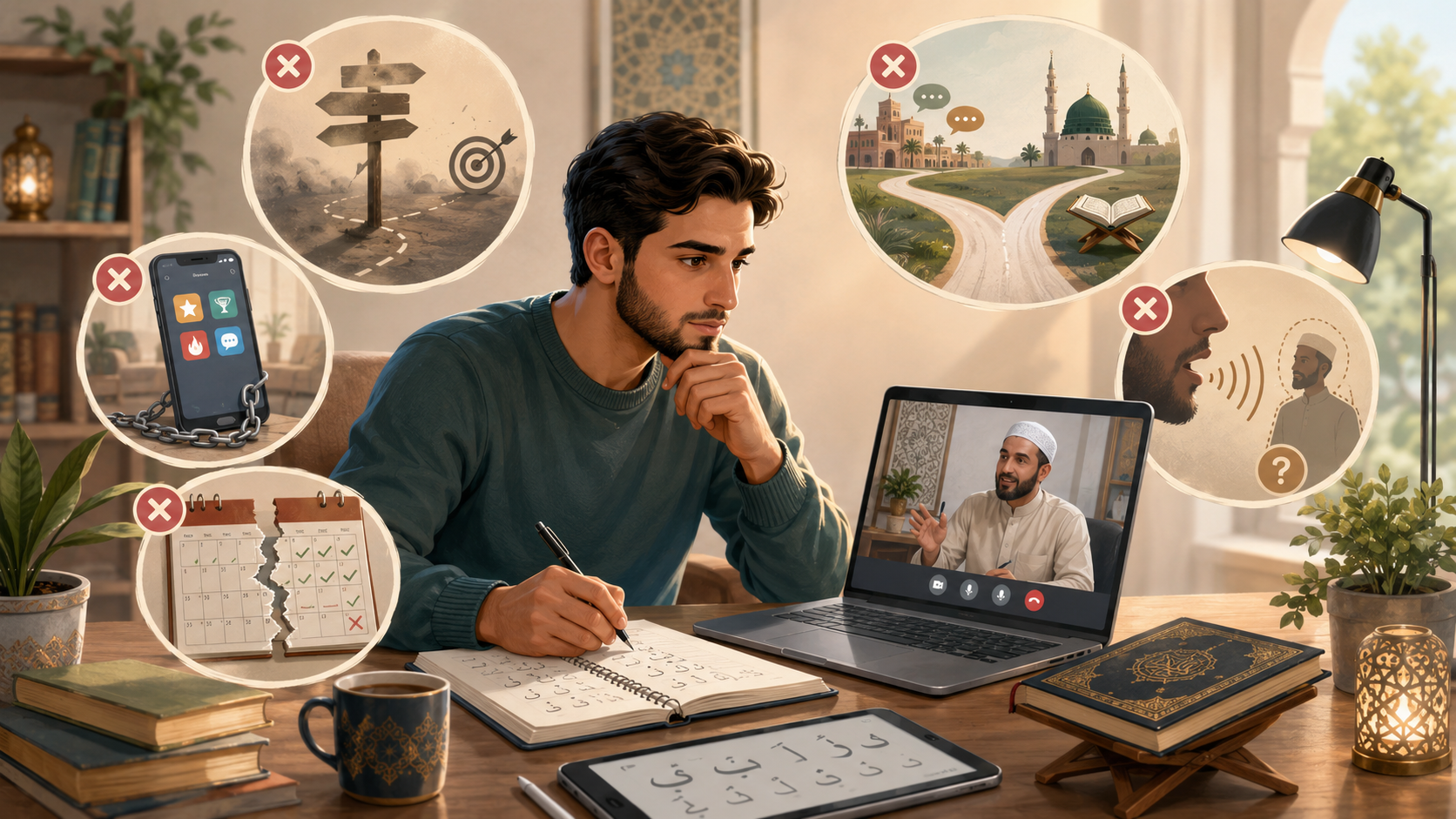 Illustration of an adult taking an online Arabic lesson with a teacher, using a notebook and study notes on a desk.