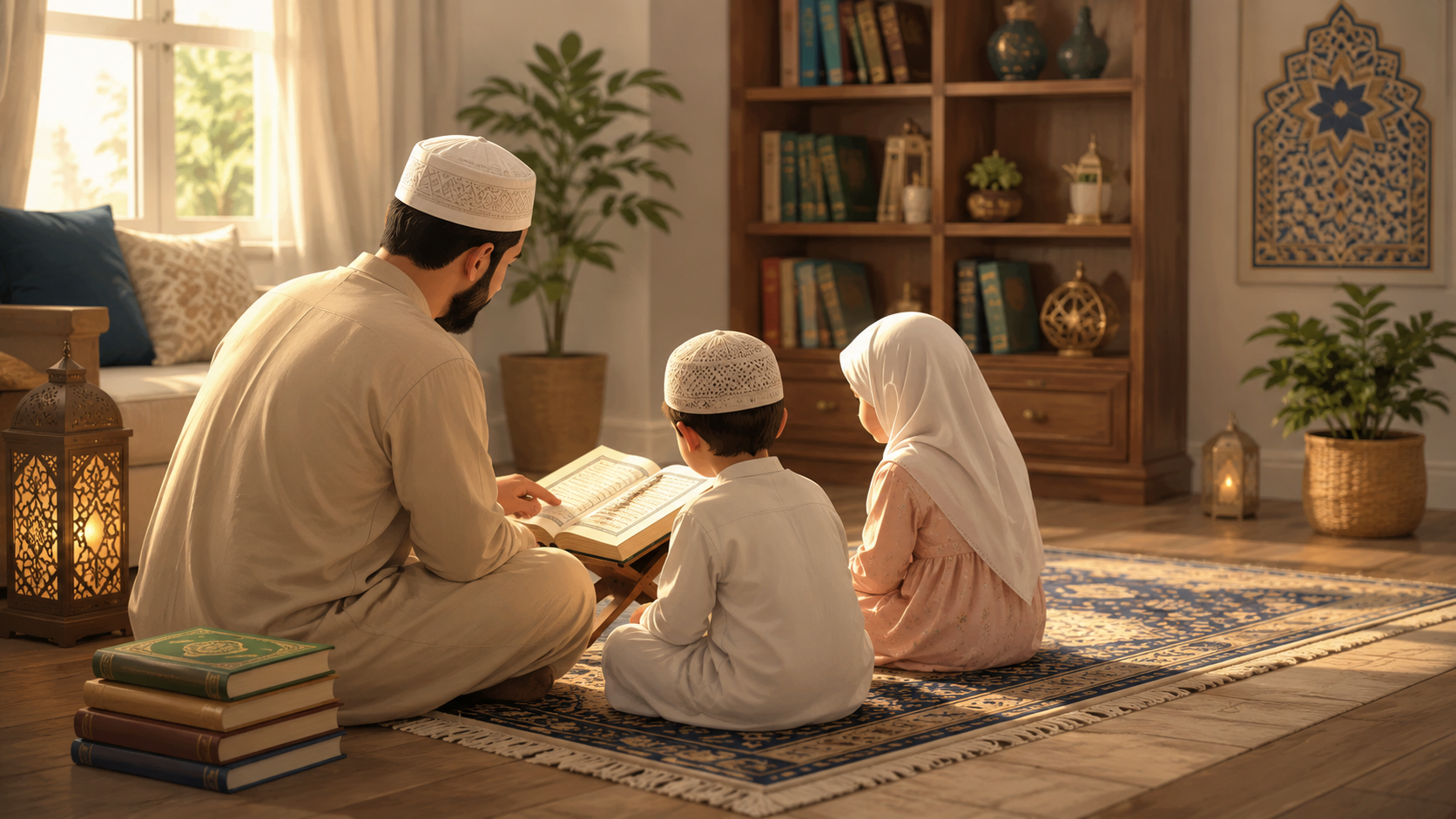 A Muslim father sitting with his young children, reading together from an open Quran on the living room table