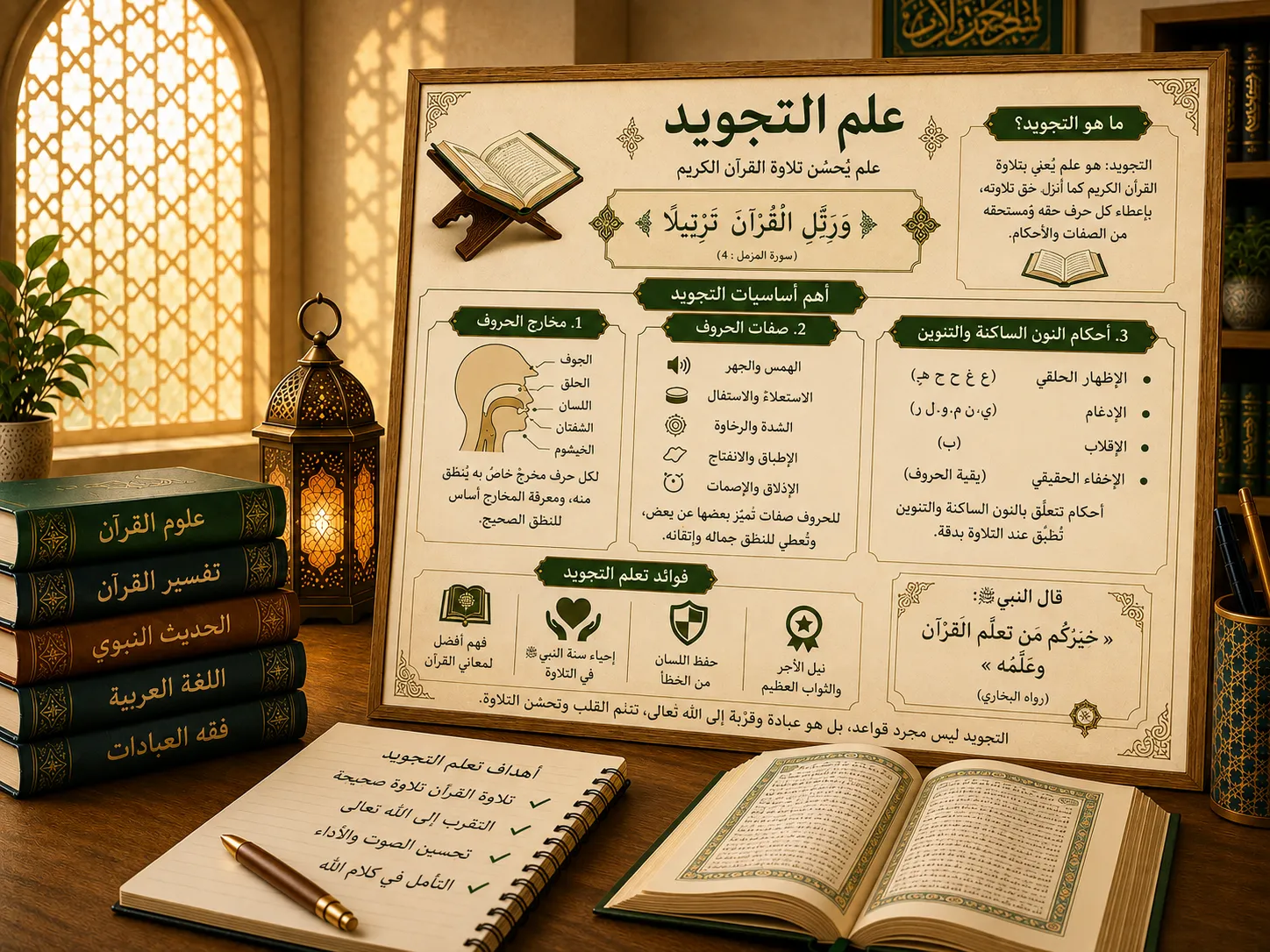 Educational poster about Tajweed and the Arabic alphabet