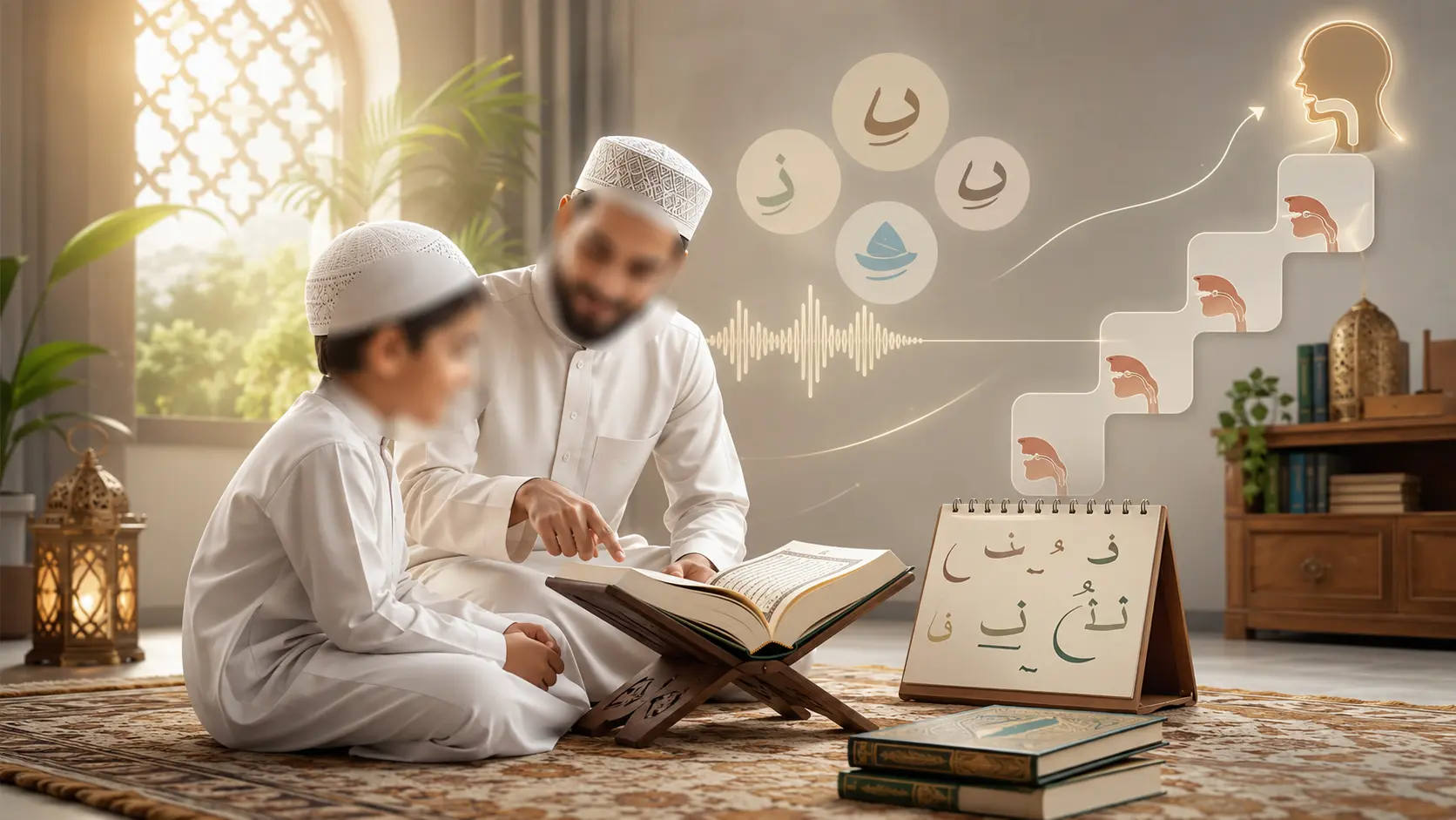 Enfant apprenant la méthode Nouraniya avec un enseignant