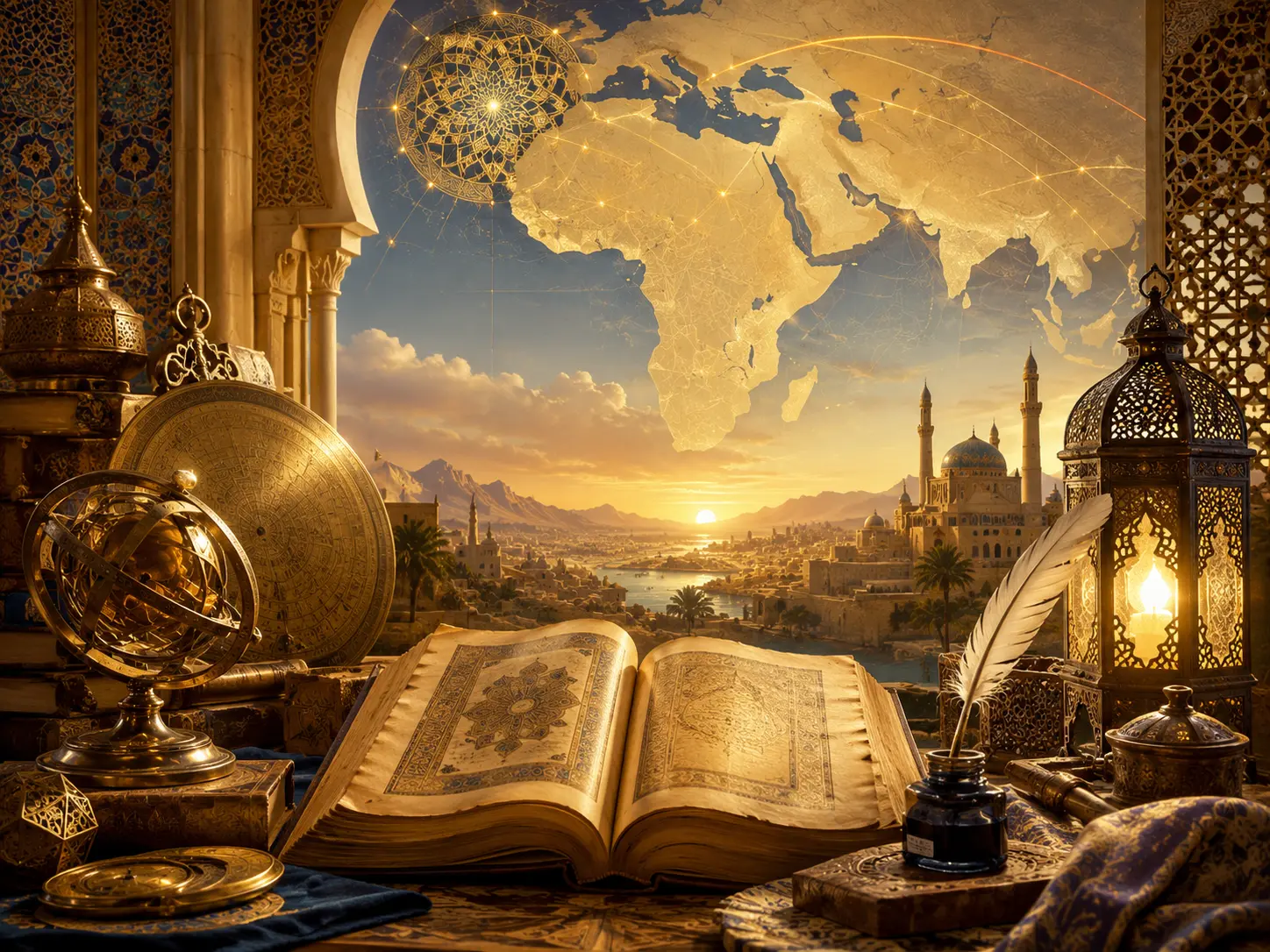 Livre ancien ouvert devant une carte du monde arabe
