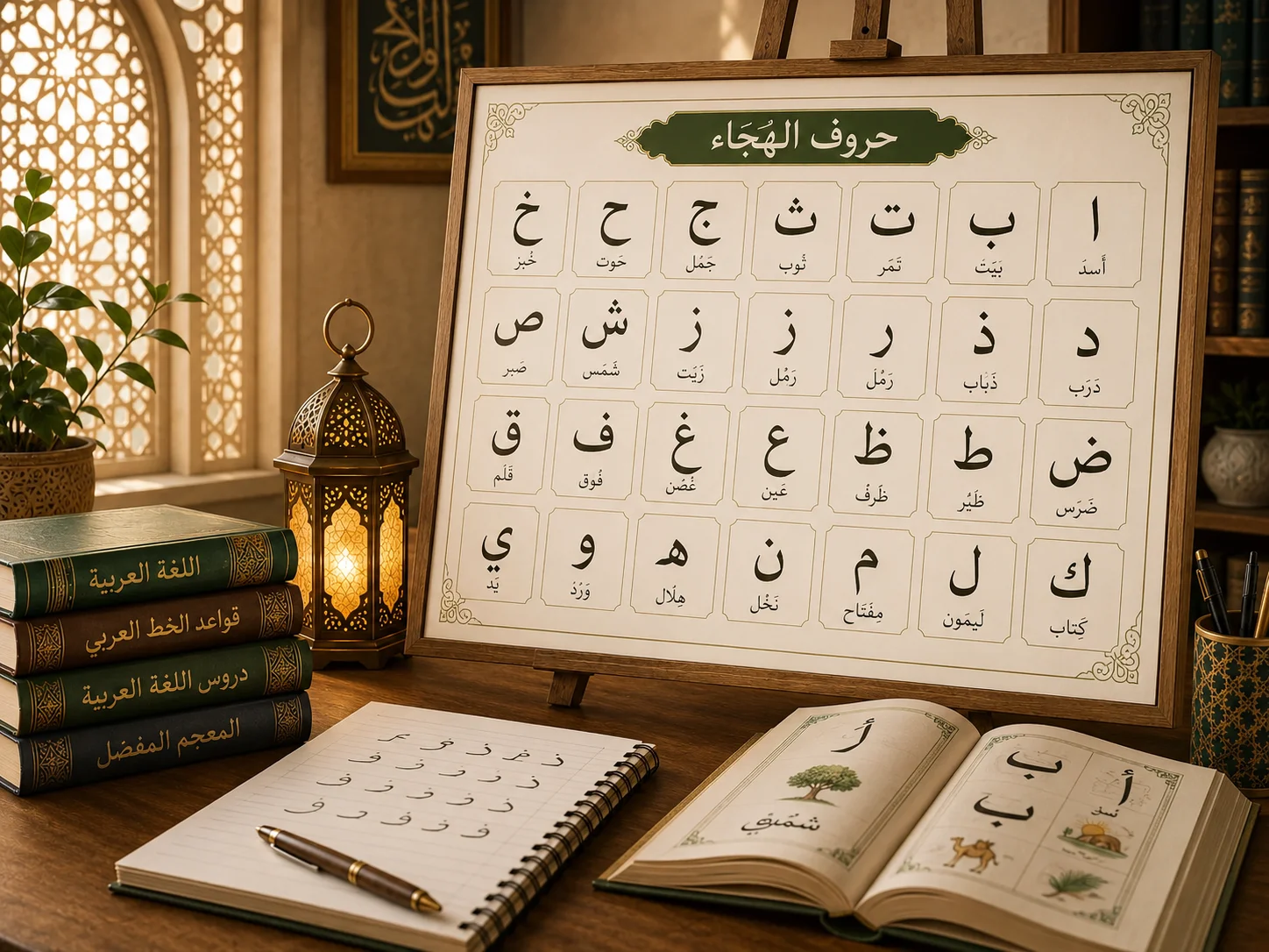 Tableau des 28 lettres de l’alphabet arabe avec livre ouvert