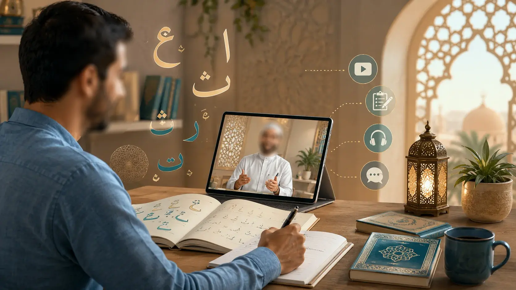 Student taking an online Arabic course on a computer