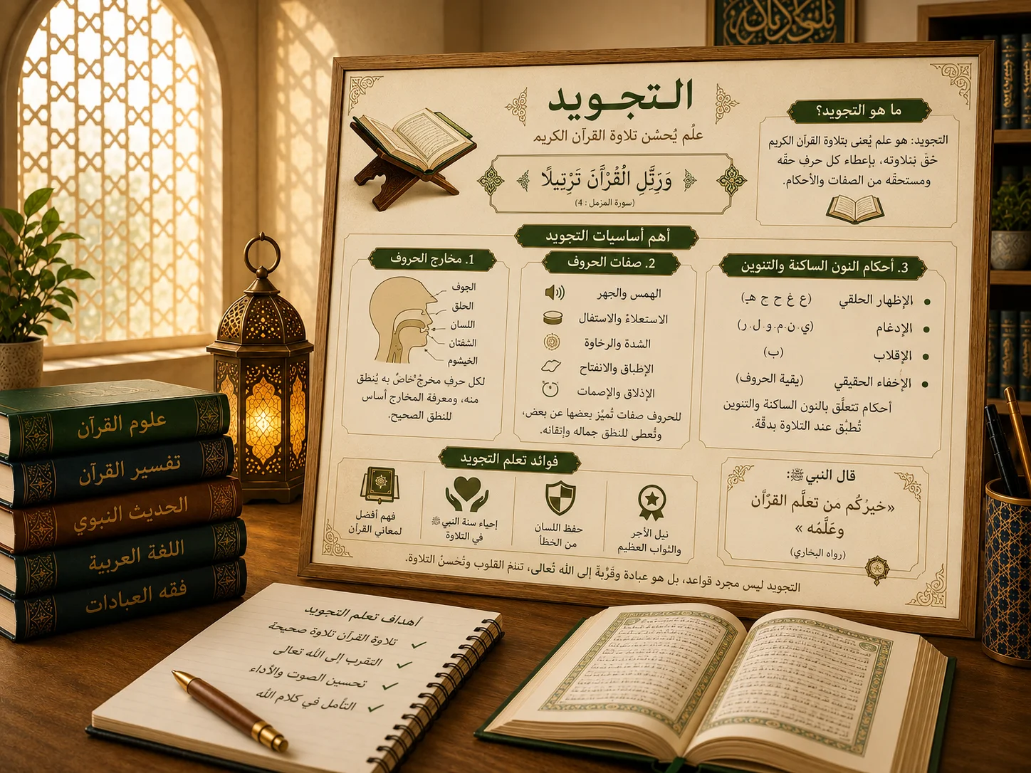 Tableau de Tajwid avec Coran et livres ouverts