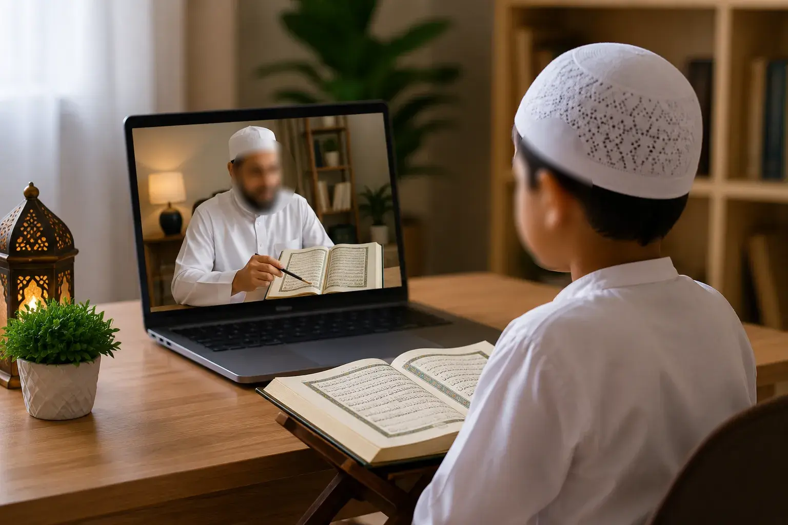 Child memorizing Quran online with a teacher